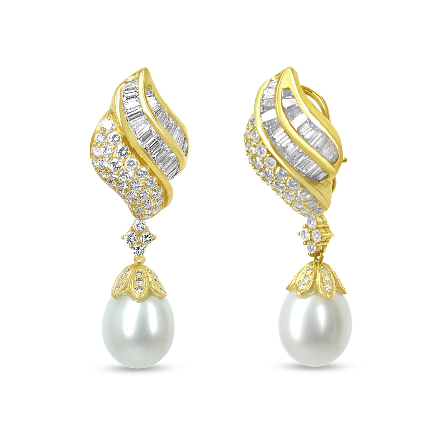18k Yellow Gold 7.0 Cttw Baguette and Round Diamond South Sea Pearl Drop Dangle Clip-On Earrings (F-G Color, VS1-VS2 Clarity) Bids.com