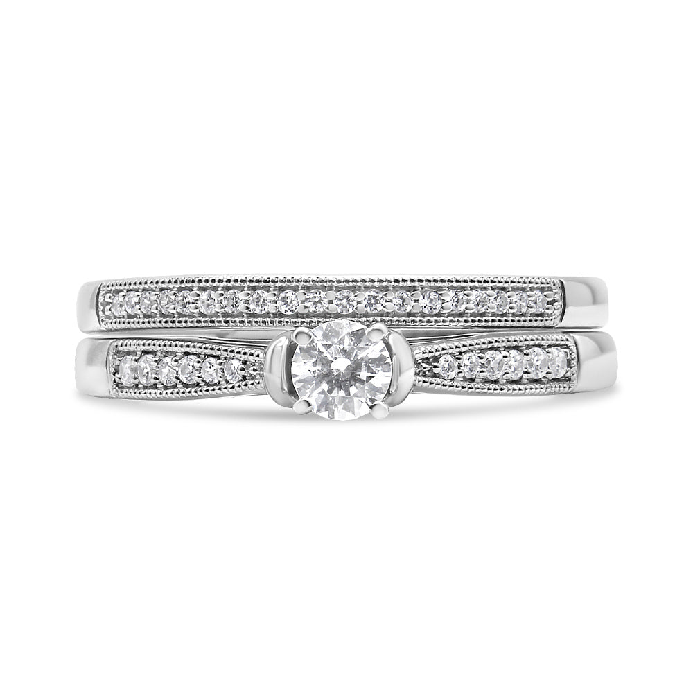 .925 Sterling Silver 1/3 Cttw Diamond Classic Engagement Ring Bridal Set with Milgrain (I-J Color, I3 Clarity) - Ring Size 7 Bids.com