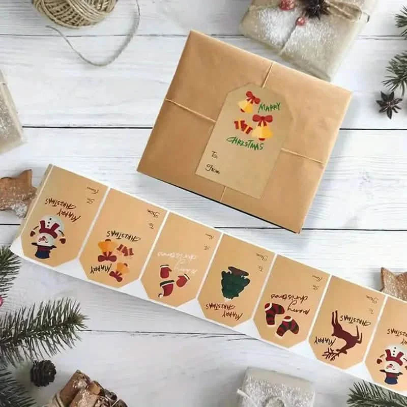 250 Pieces/Roll Christmas Stickers - 2x3 Kraft Paper Tree Socks Snowman Elk Merry Christmas DailySale