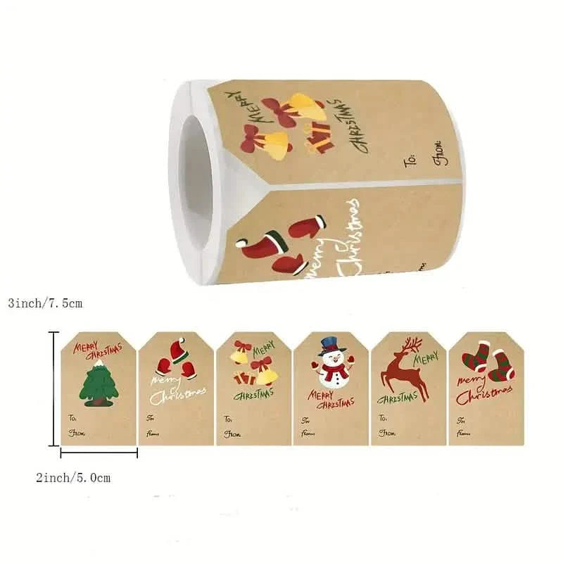 250 Pieces/Roll Christmas Stickers - 2x3 Kraft Paper Tree Socks Snowman Elk Merry Christmas DailySale