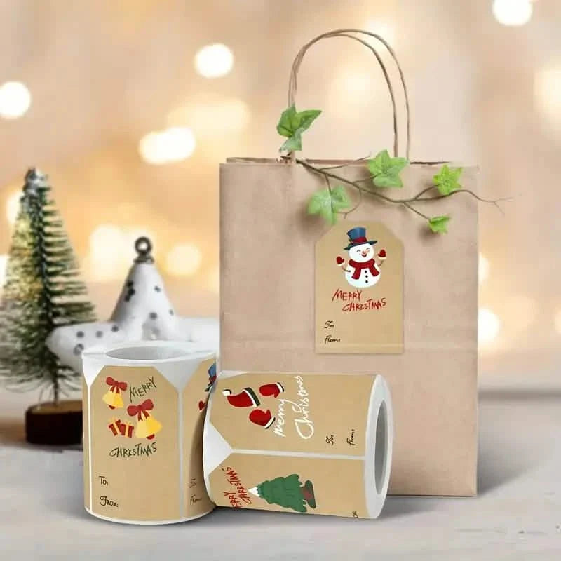 250 Pieces/Roll Christmas Stickers - 2x3 Kraft Paper Tree Socks Snowman Elk Merry Christmas DailySale