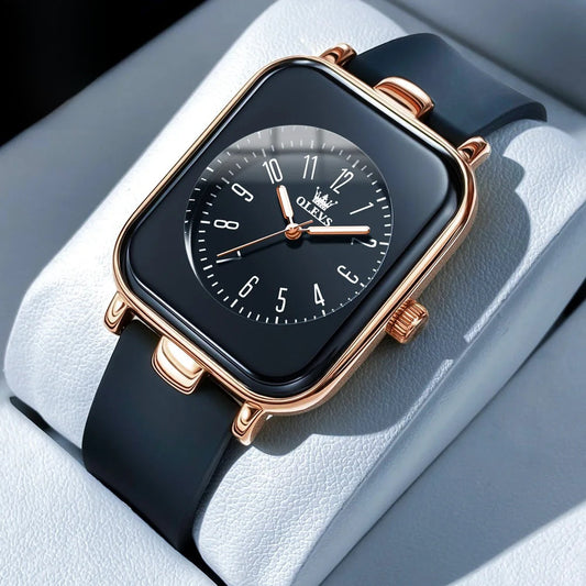 Women's Rectangular Gold Tone Quartz Watch Silicone Strap BandsCo Straps