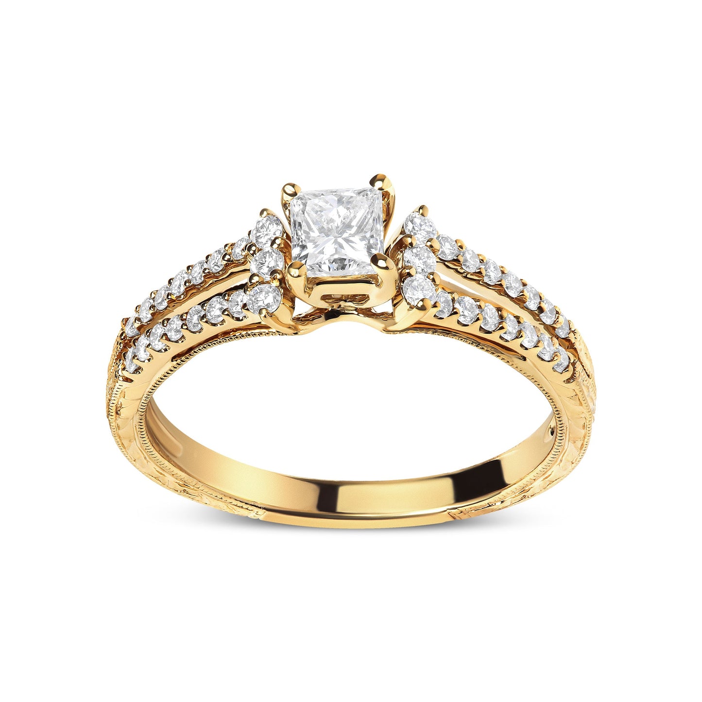 14K Yellow Gold Diamond 5/8 Cttw Princess Diamond Split Shank and Milgrain Engagement Ring (G-H Color, VS2-SI1 Clarity) - Size 7 Bids.com