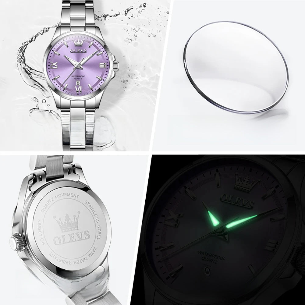 Women's Stainless Steel Watch Lavender Dial Calendar BandsCo Straps
