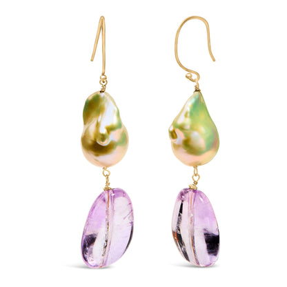 14K Yellow Gold Amethyst and Baroque Pearl Drop and Dangle Earrings 2" Inch Dangle Length Bids.com