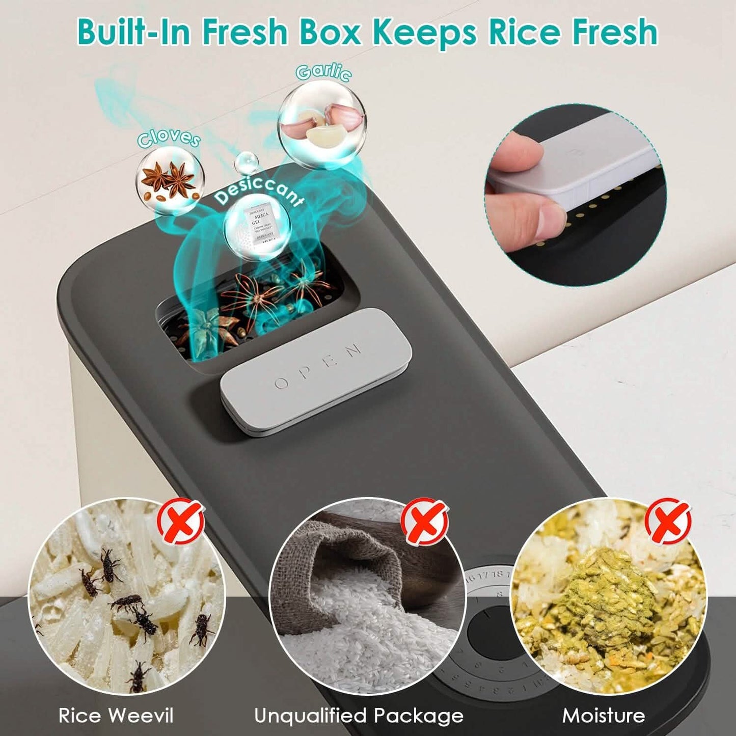 25LBS Vertical Rice Dispenser With Dustproof Lid Large Capacity Grain Storage Container With Measuring Cup Built-In DailySale