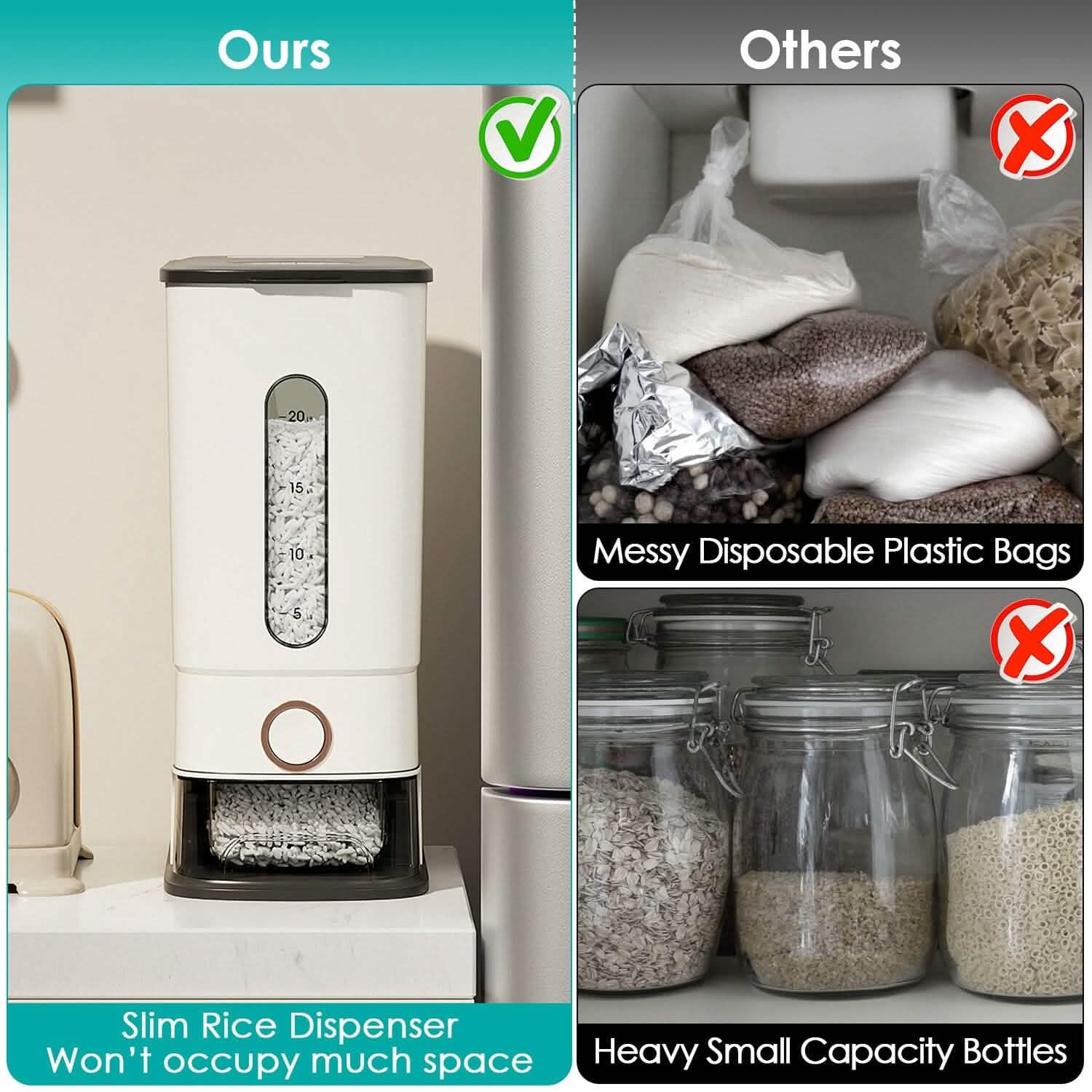 25LBS Vertical Rice Dispenser With Dustproof Lid Large Capacity Grain Storage Container With Measuring Cup Built-In DailySale