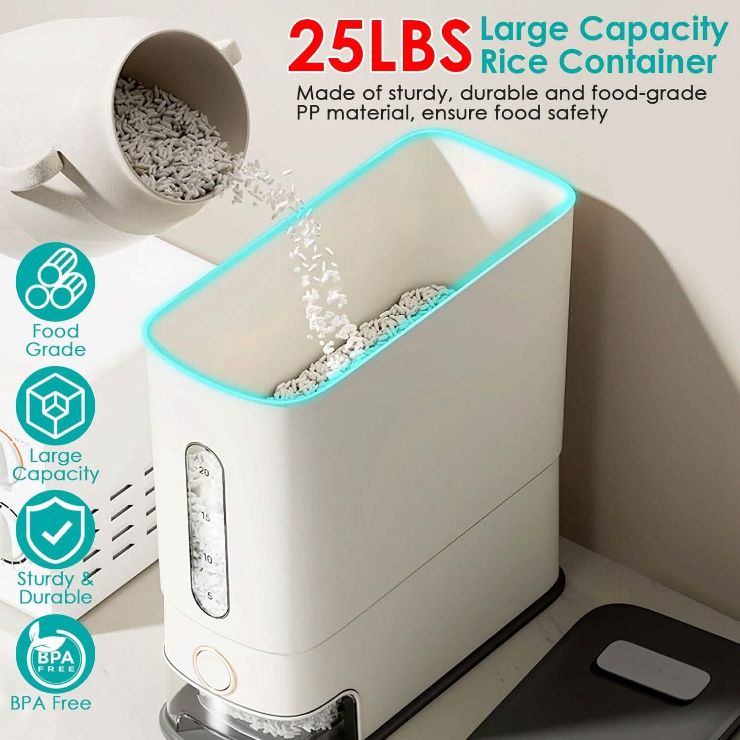 25LBS Vertical Rice Dispenser With Dustproof Lid Large Capacity Grain Storage Container With Measuring Cup Built-In DailySale