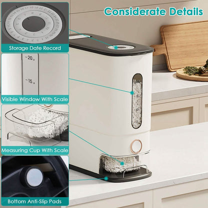 25LBS Vertical Rice Dispenser With Dustproof Lid Large Capacity Grain Storage Container With Measuring Cup Built-In DailySale