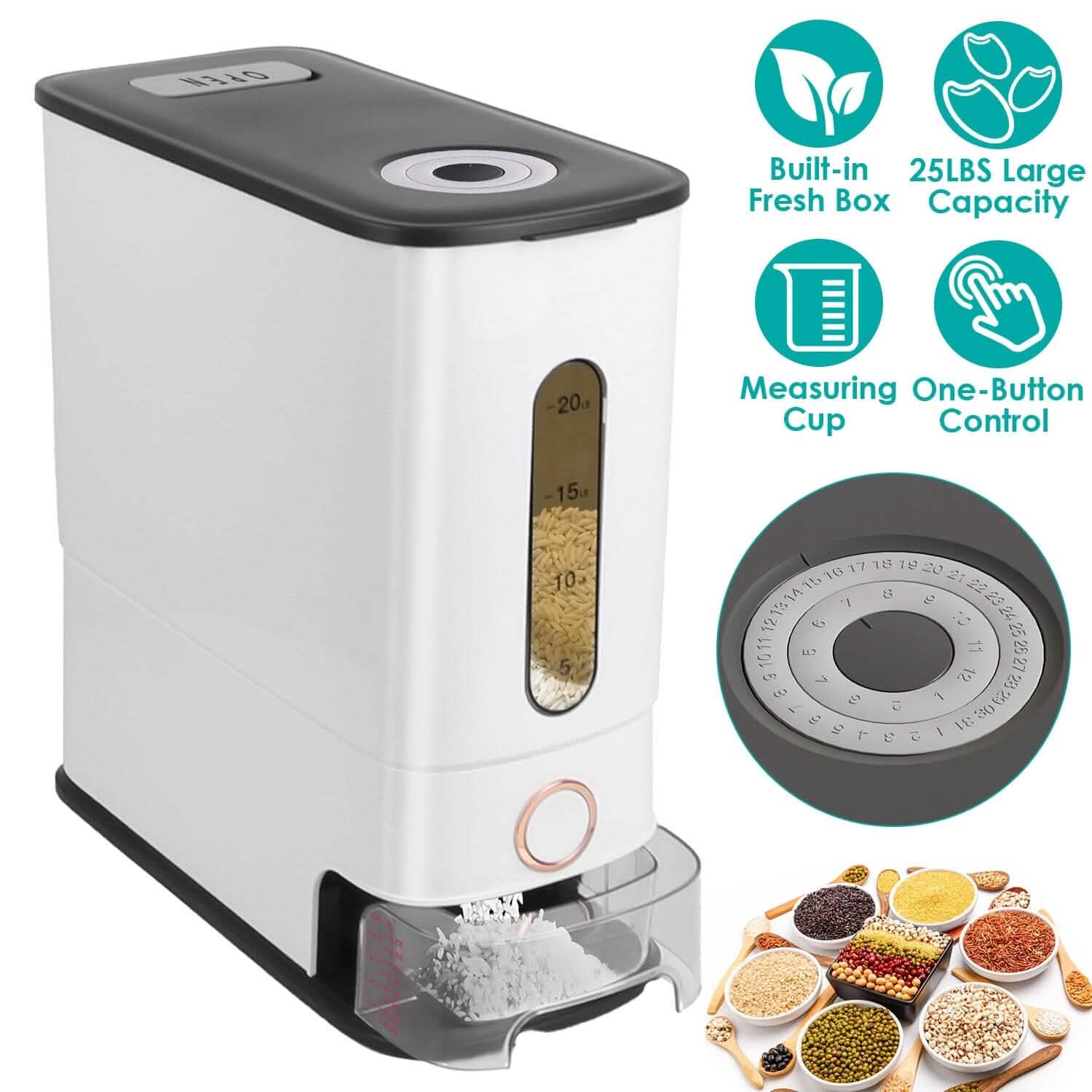 25LBS Vertical Rice Dispenser With Dustproof Lid Large Capacity Grain Storage Container With Measuring Cup Built-In DailySale