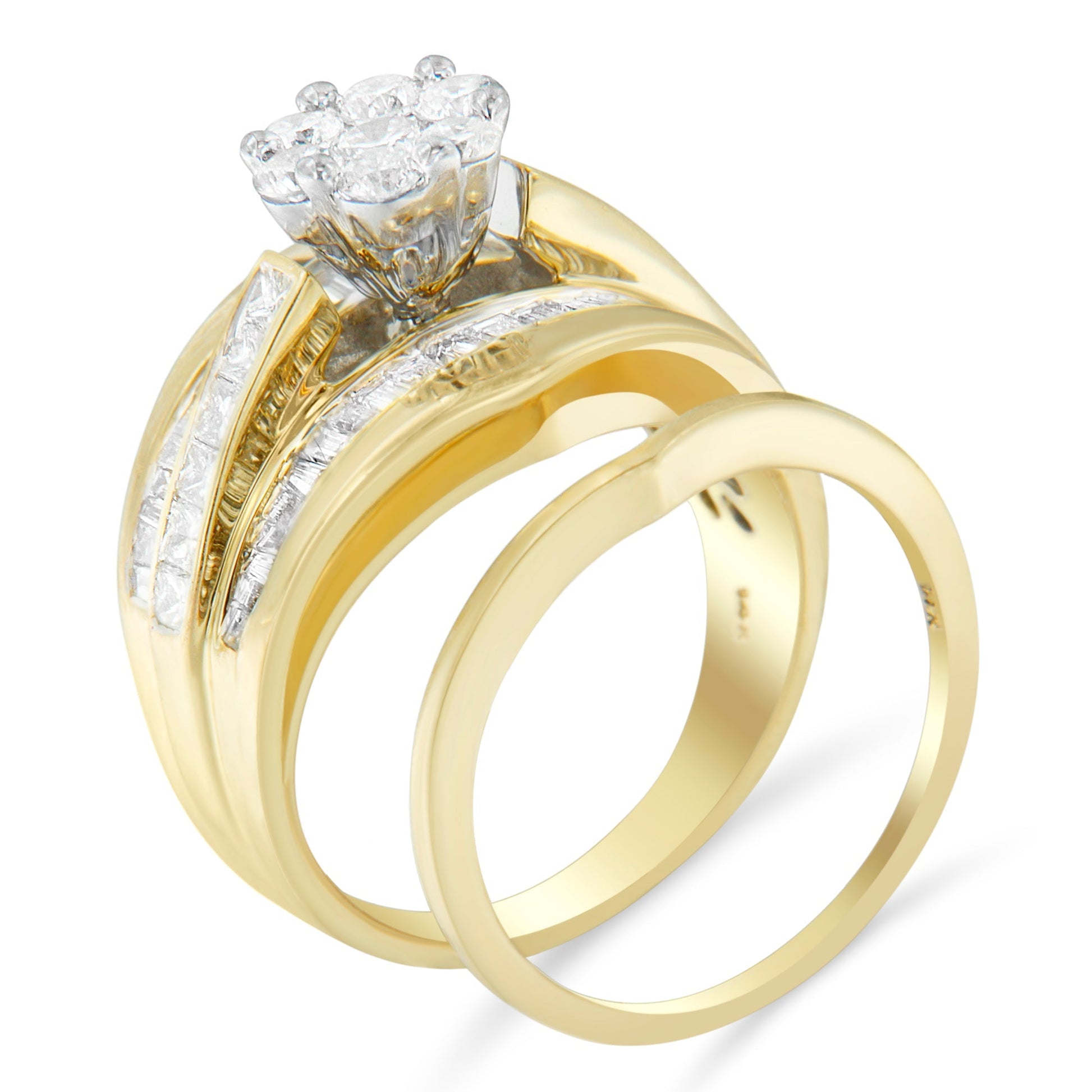 14K Yellow Gold 2-1/3 Cttw Diamond Cluster Channel Set Chevron Shaped Band Engagement Ring & Wedding Band Set (H-I Color, SI1-SI2 Clarity)- Size 5 Bids.com