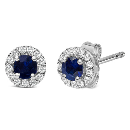 10K White Gold 3.25mm x 3.25mm Round Blue Sapphire and 1/10 Cttw Diamond Halo Stud Earrings (I-J Color, I1-I2 Clarity) Bids.com