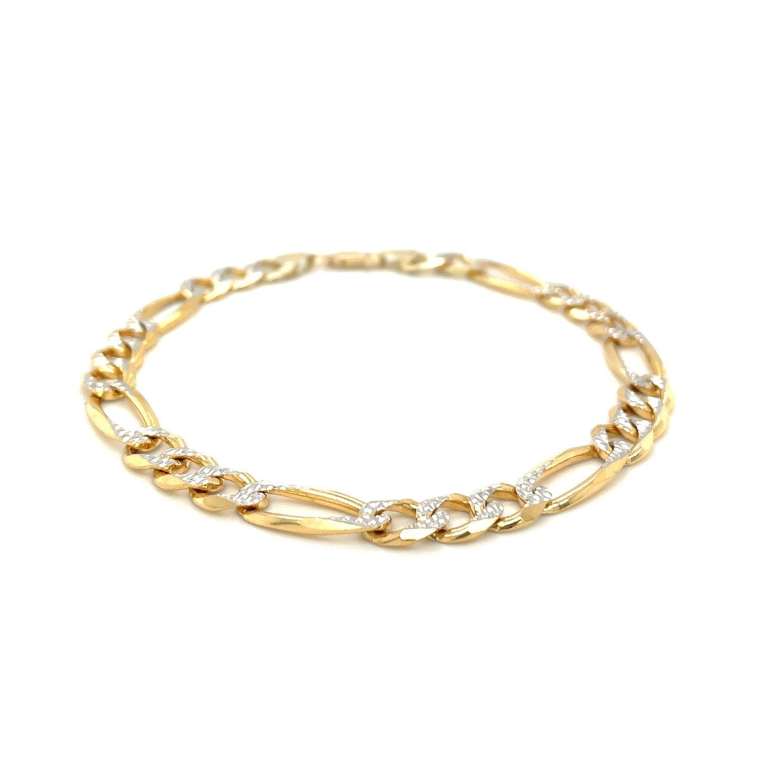 7.0mm 14K Yellow Two Tone Solid Pave Figaro Bracelet Bids.com