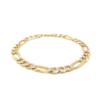 7.0mm 14K Yellow Two Tone Solid Pave Figaro Bracelet Bids.com