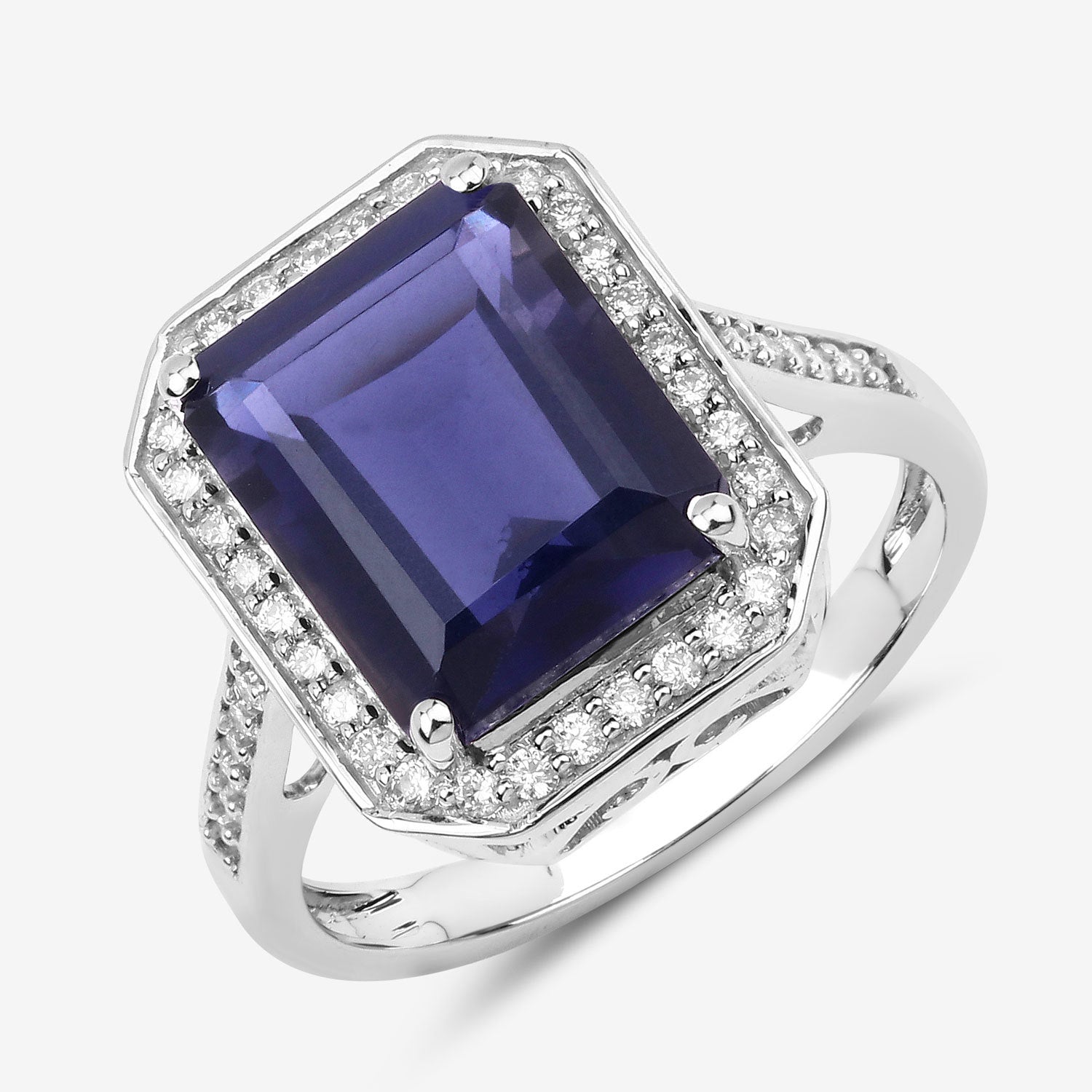 3.70 Carat Genuine Iolite and White Diamond 14K White Gold Ring Bids.com