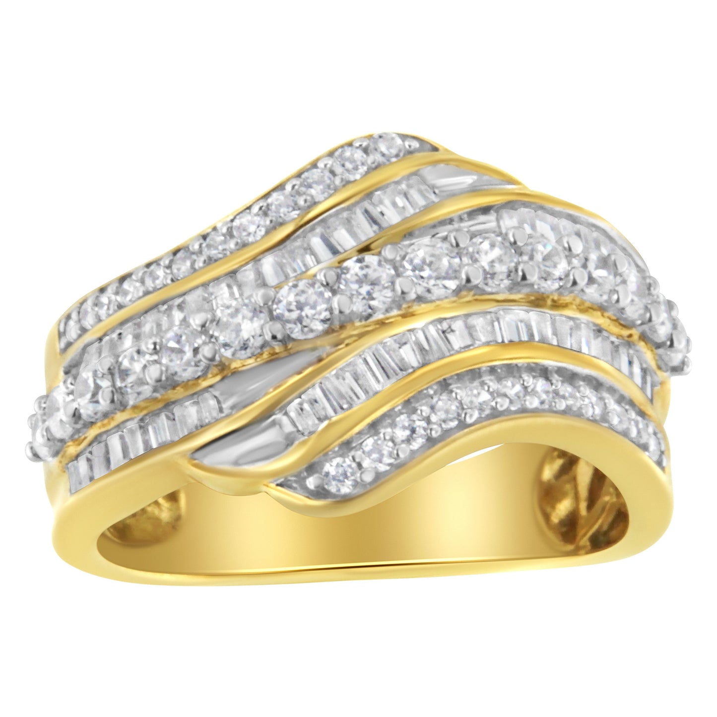 10K Yellow Gold 1.0 Cttw Baguette and Round Diamond Multi-Row Wave Bypass Ring (I-J Color, I1-I2 Clarity) - Ring Size 7 Bids.com