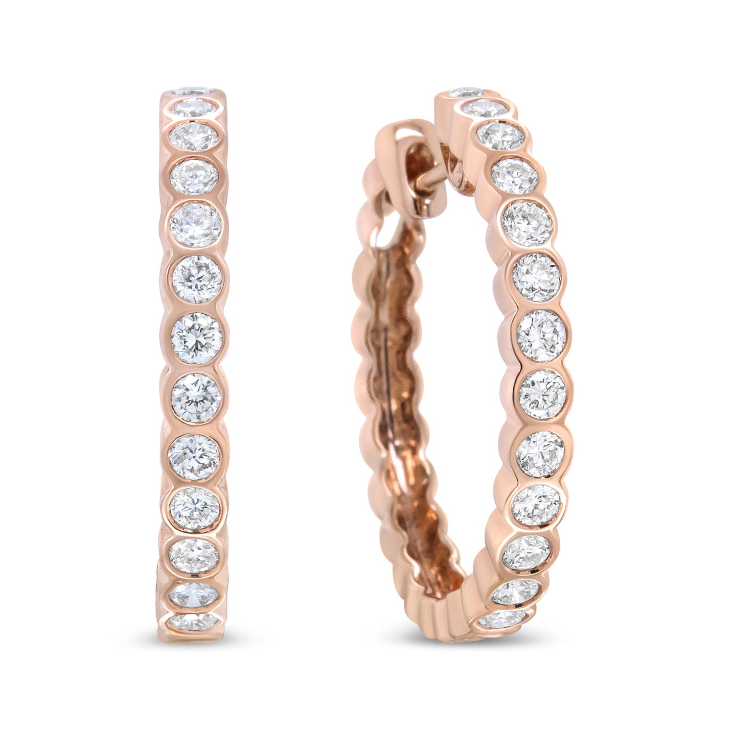 18K Rose Gold 1 Cttw Round Bezel-Set Diamond Hoop Earrings (F-G Color, VS1-VS2 Clarity) Bids.com