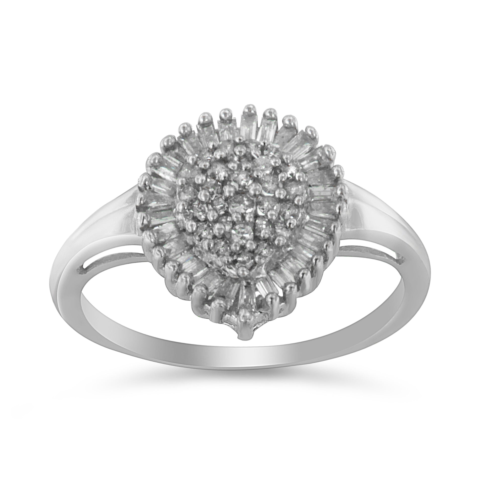 10K White Gold 1/2 Cttw Round & Baguette Cut Diamond Pear Shaped Domed PavÃ© Cluster with Halo Cocktail Ring (H-I Color, SI1-SI2 Clarity) - Size 5 Bids.com