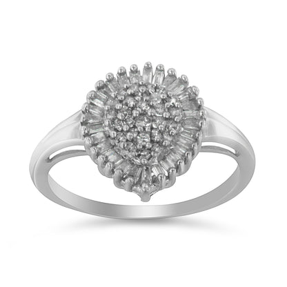 10K White Gold 1/2 Cttw Round & Baguette Cut Diamond Pear Shaped Domed PavÃ© Cluster with Halo Cocktail Ring (H-I Color, SI1-SI2 Clarity) - Size 5 Bids.com
