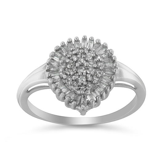 10K White Gold 1/2 Cttw Round & Baguette Cut Diamond Pear Shaped Domed PavÃ© Cluster with Halo Cocktail Ring (H-I Color, SI1-SI2 Clarity) - Size 5 Bids.com