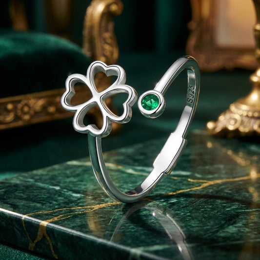 925 Sterling Silver Four-Leaf Clover Ring with Pavé CZ - 0.15cm Width Bids.com