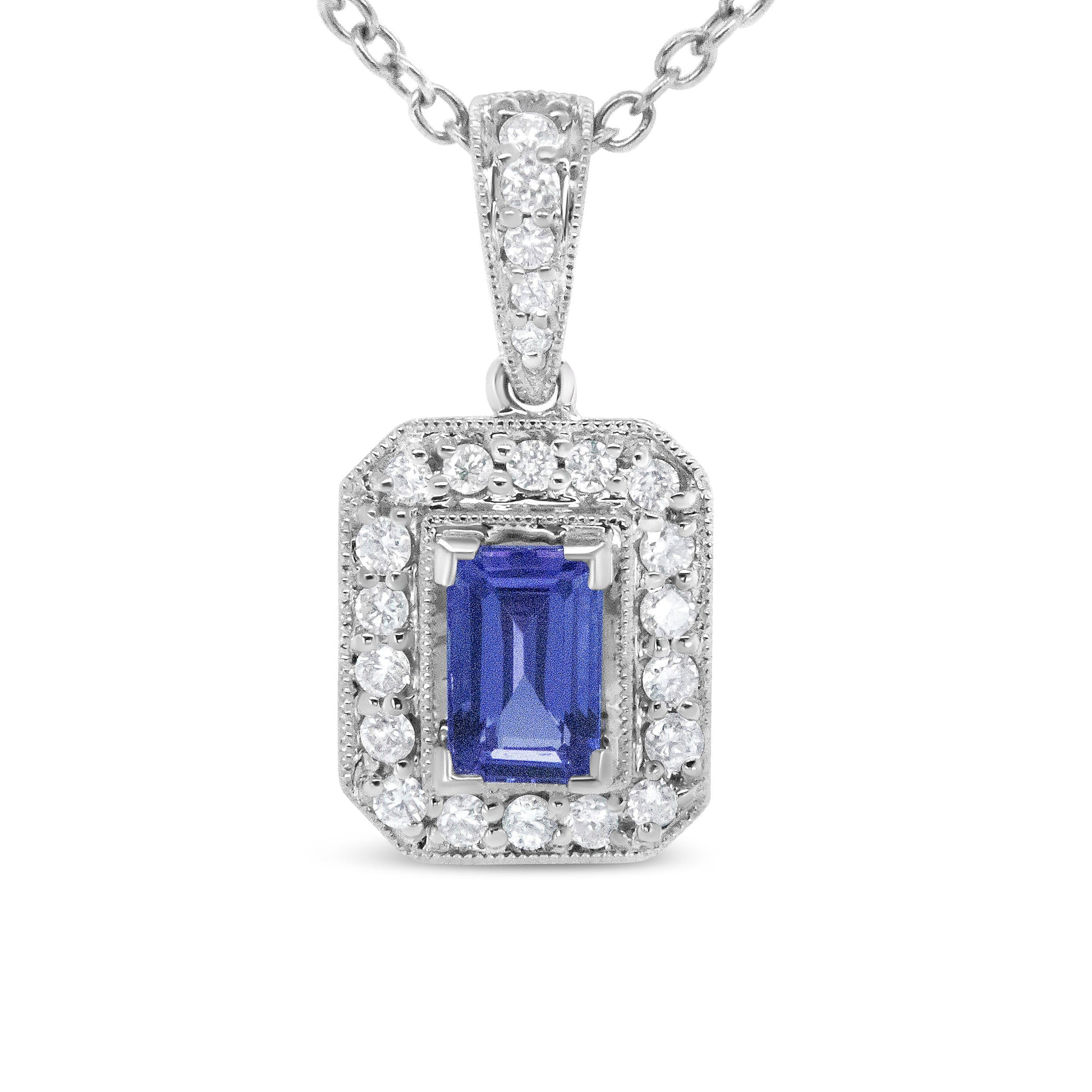 18K White Gold 1/4 Cttw Round Diamond and 6x4mm Purple Tanzanite Halo 18" Pendant Necklace (H-I Color, VS1-VS2 Clarity) Bids.com