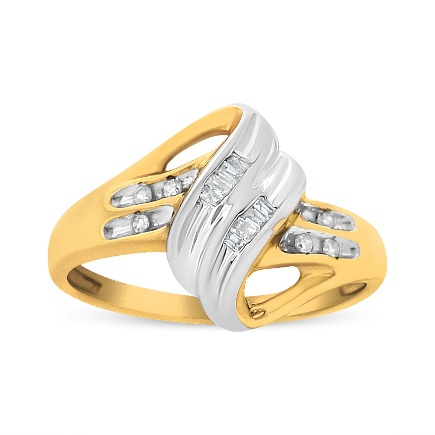 10K Yellow and White Gold 1.00 Cttw Round And Baguette-Cut Diamond Accent Bypass Ring (H-I Color, I2-I3 Clarity) - Ring Size 7 Bids.com