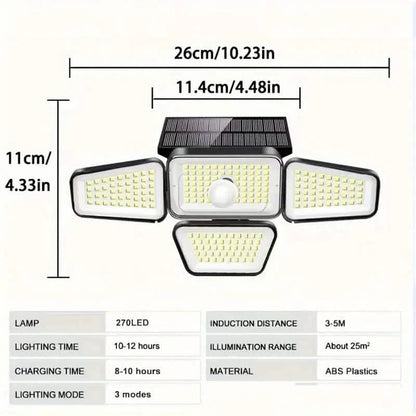 270 LEDs Solar Wall Light With Motion Sensor - 4 Head Lamp, 3 Lighting Modes Wide Angle Security Wireless Flood Light DailySale