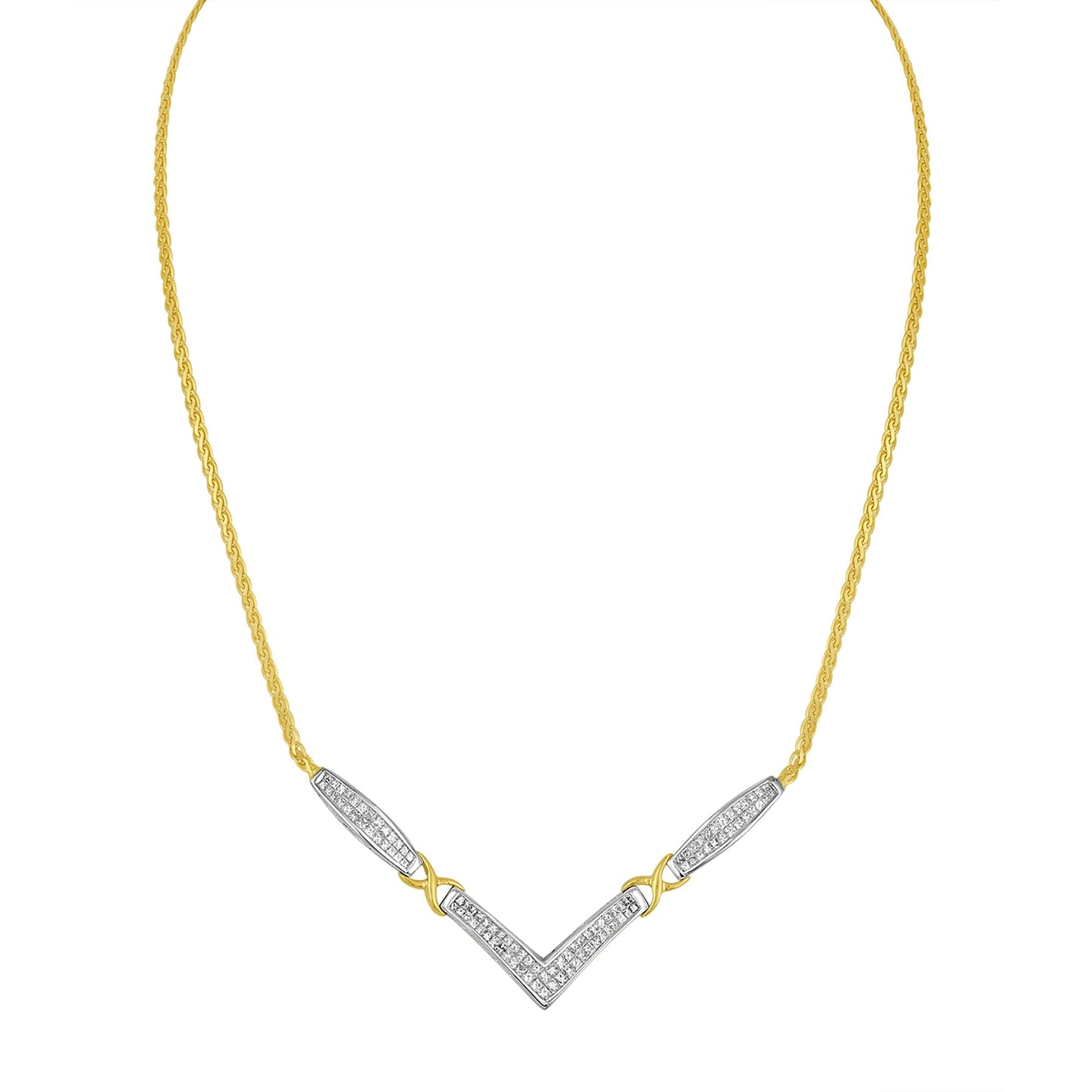 14K Yellow and White Gold 2.0 Cttw Princess Cut Diamond Flared and X-Station V Shaped 18â€ Franco Chain Statement Necklace (H-I Color, SI2-I1 Clarity) Bids.com