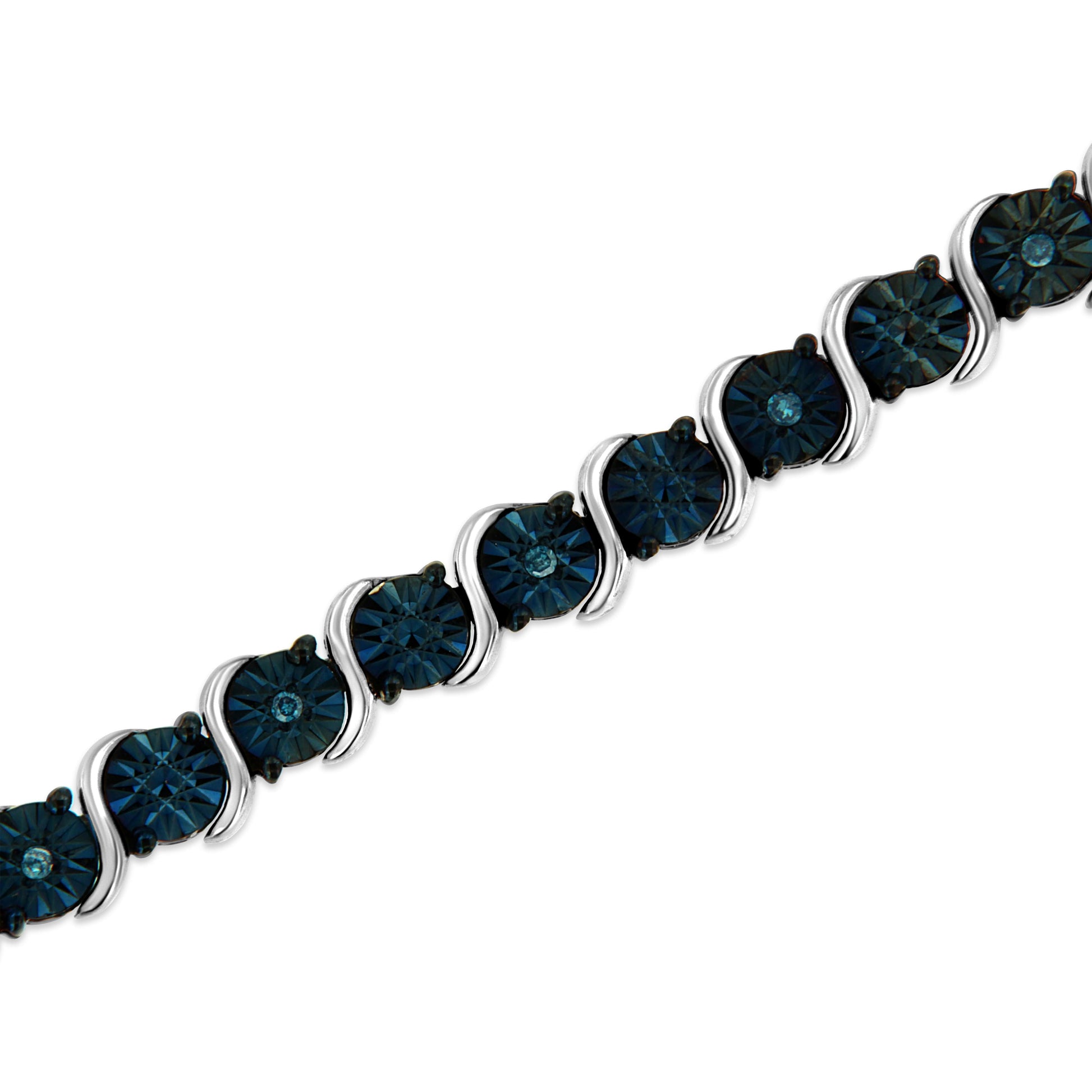 .925 Sterling Silver 1/10 Cttw Miracle-Set Treated Blue Color Diamond Miracle Plate "S" Link Tennis Bracelet (Blue Color, I2- I3 Clarity) - 7.25" Bids.com
