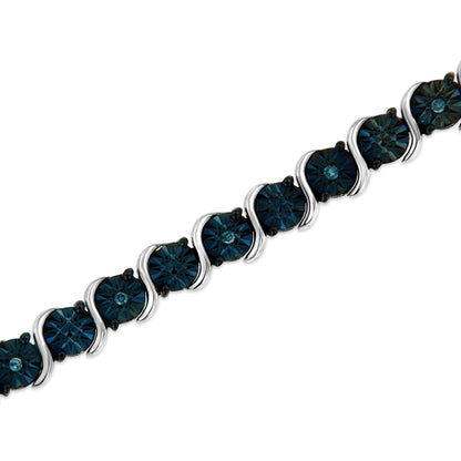 .925 Sterling Silver 1/10 Cttw Miracle-Set Treated Blue Color Diamond Miracle Plate "S" Link Tennis Bracelet (Blue Color, I2- I3 Clarity) - 7.25" Bids.com