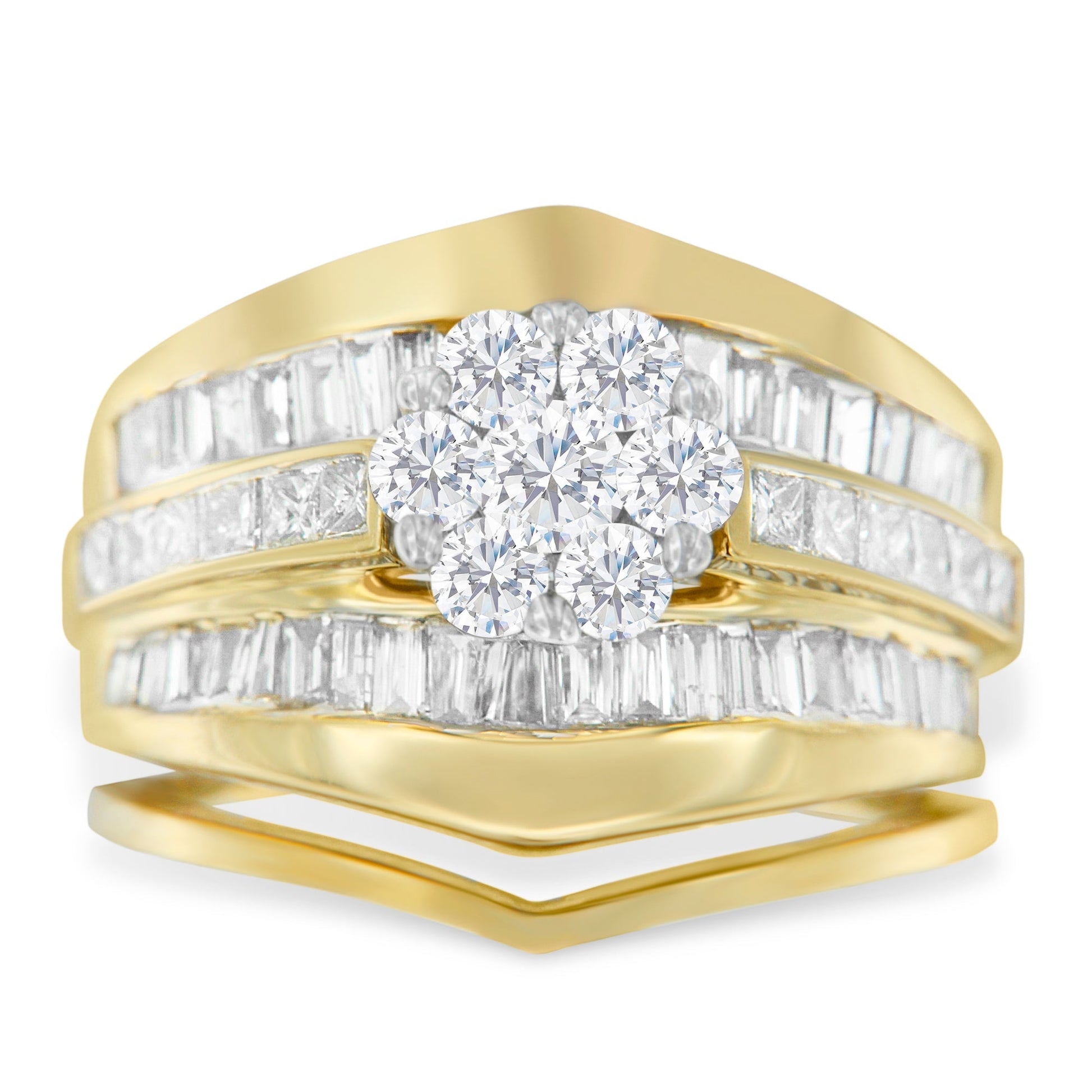 14K Yellow Gold 2-1/3 Cttw Diamond Cluster Channel Set Chevron Shaped Band Engagement Ring & Wedding Band Set (H-I Color, SI1-SI2 Clarity)- Size 5 Bids.com
