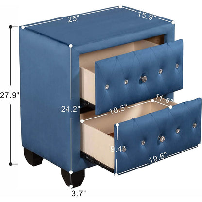 27.9" Tall Bedside Table Blue Upholstered Velvet 2-Drawer Nightstand DailySale