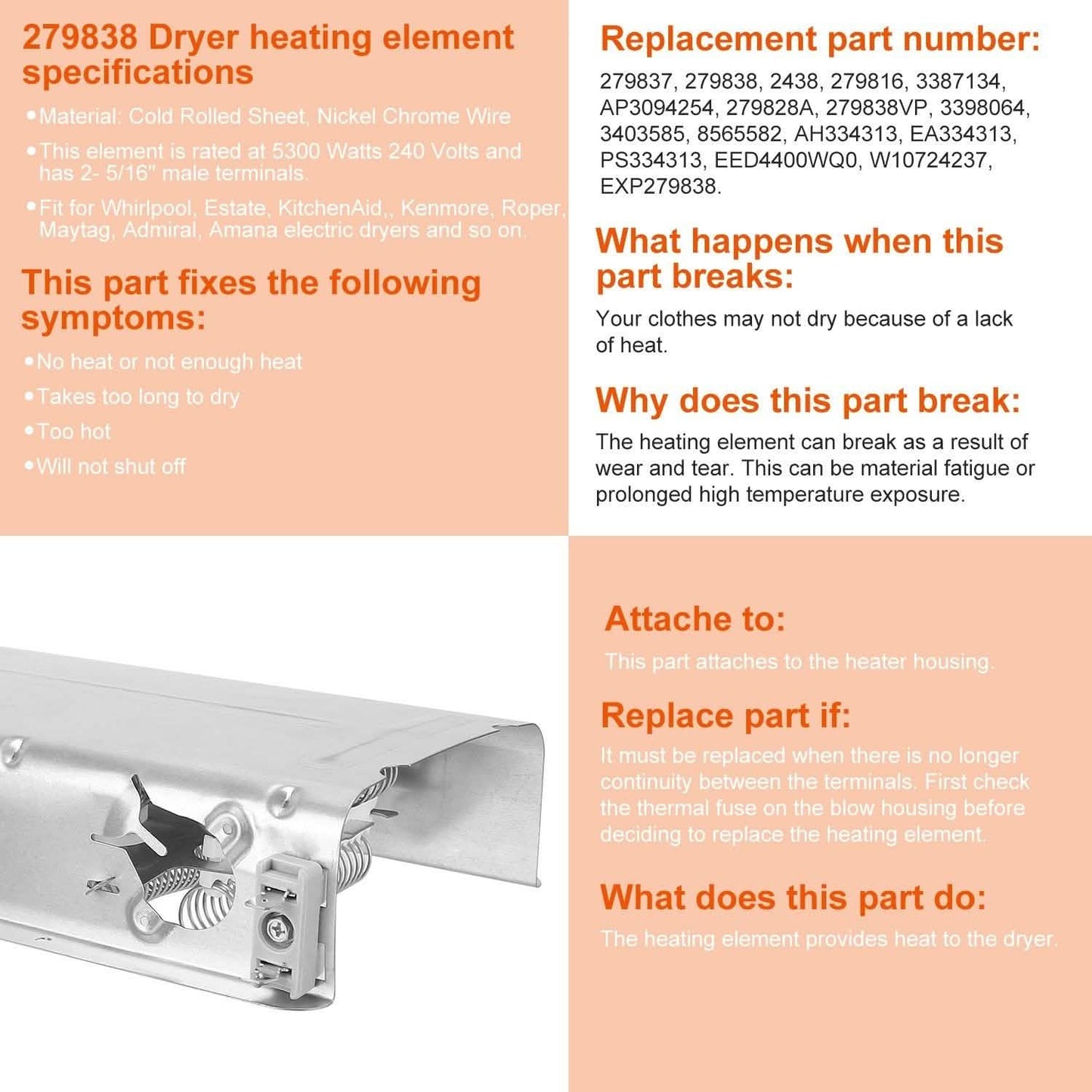 279838 Dryer Heating Element Assembly Replacement Part DailySale