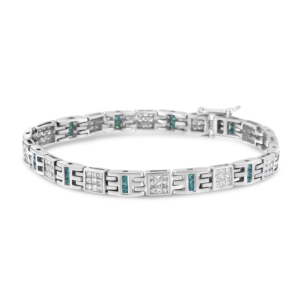 14K White Gold Princess-Cut white and Blue Diamond 3.00 cttw Fashion Link Bracelet (H-I Color, SI1-SI2 Clarity) Bids.com