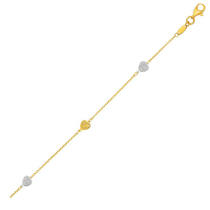 14k Two-Toned Yellow and White Gold Anklet with Textured Hearts Bids.com