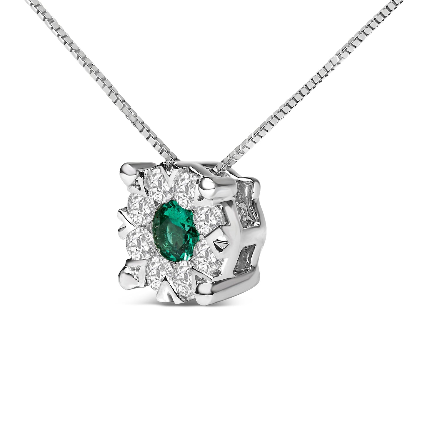 14K White Gold 3.8 MM Green Emerald and 1/3 Cttw Diamond Composite Halo 18" Pendant Necklace (F-G Color, VS2-SI1 Clarity) Bids.com
