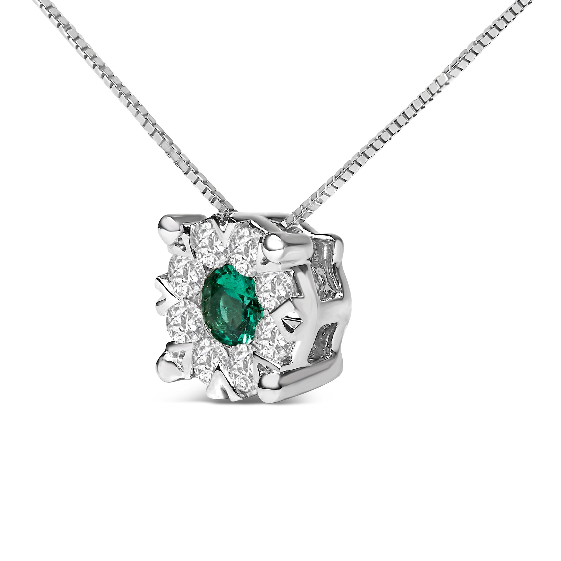 14K White Gold 3.8 MM Green Emerald and 1/3 Cttw Diamond Composite Halo 18" Pendant Necklace (F-G Color, VS2-SI1 Clarity) Bids.com