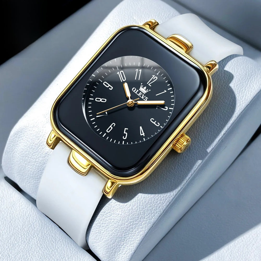 Women's Rectangular Gold Tone Quartz Watch Silicone Strap BandsCo Straps