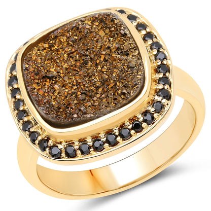 14K Yellow Gold Plated 6.19 Carat Genuine Drusy Quartz and Black Spinel .925 Sterling Silver Ring Bids.com