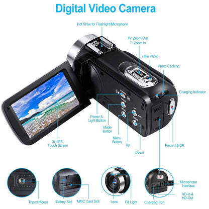 2.7K Camcorder 42MP 18x Zoom Digital Video Camera with 270° Rotating IPS Screen DailySale