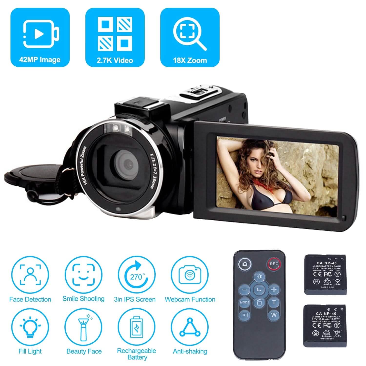 2.7K Camcorder 42MP 18x Zoom Digital Video Camera with 270° Rotating IPS Screen DailySale