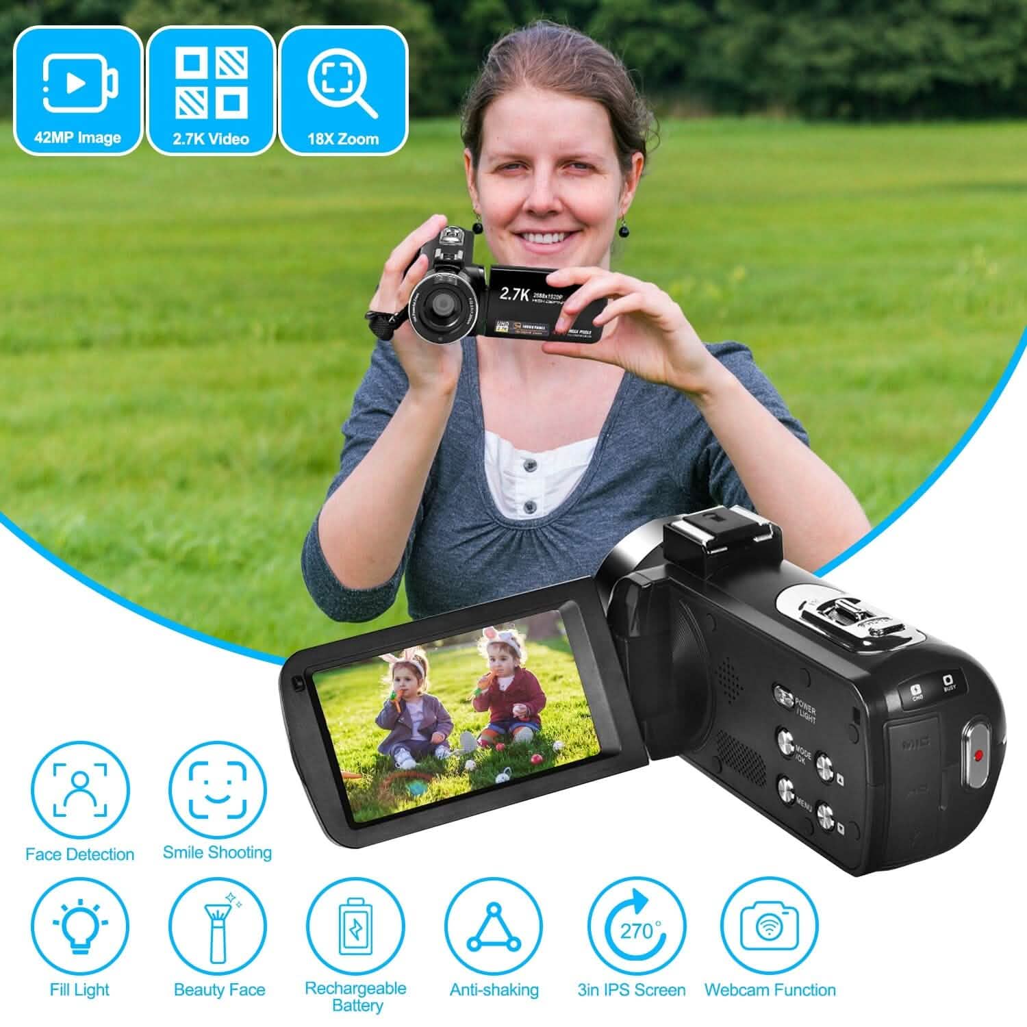 2.7K Camcorder 42MP 18x Zoom Digital Video Camera with 270° Rotating IPS Screen DailySale