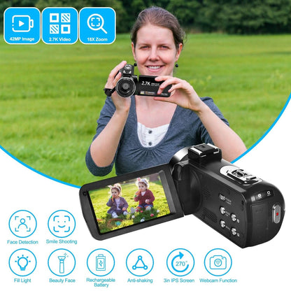2.7K Camcorder 42MP 18x Zoom Digital Video Camera with 270° Rotating IPS Screen DailySale
