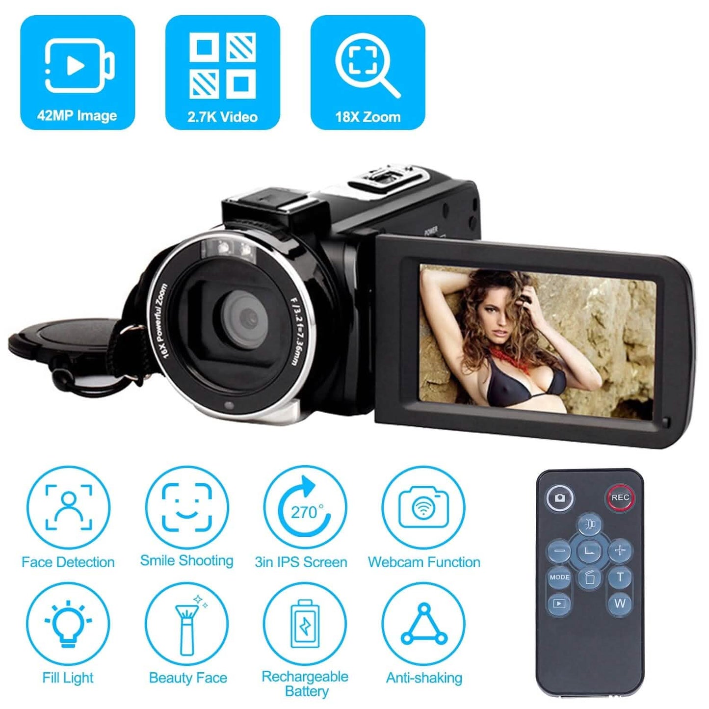 2.7K Camcorder 42MP 18x Zoom Digital Video Camera with 270° Rotating IPS Screen DailySale