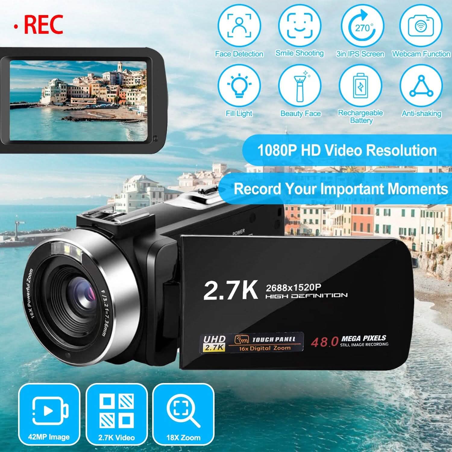 2.7K Camcorder 42MP 18x Zoom Digital Video Camera with 270° Rotating IPS Screen DailySale