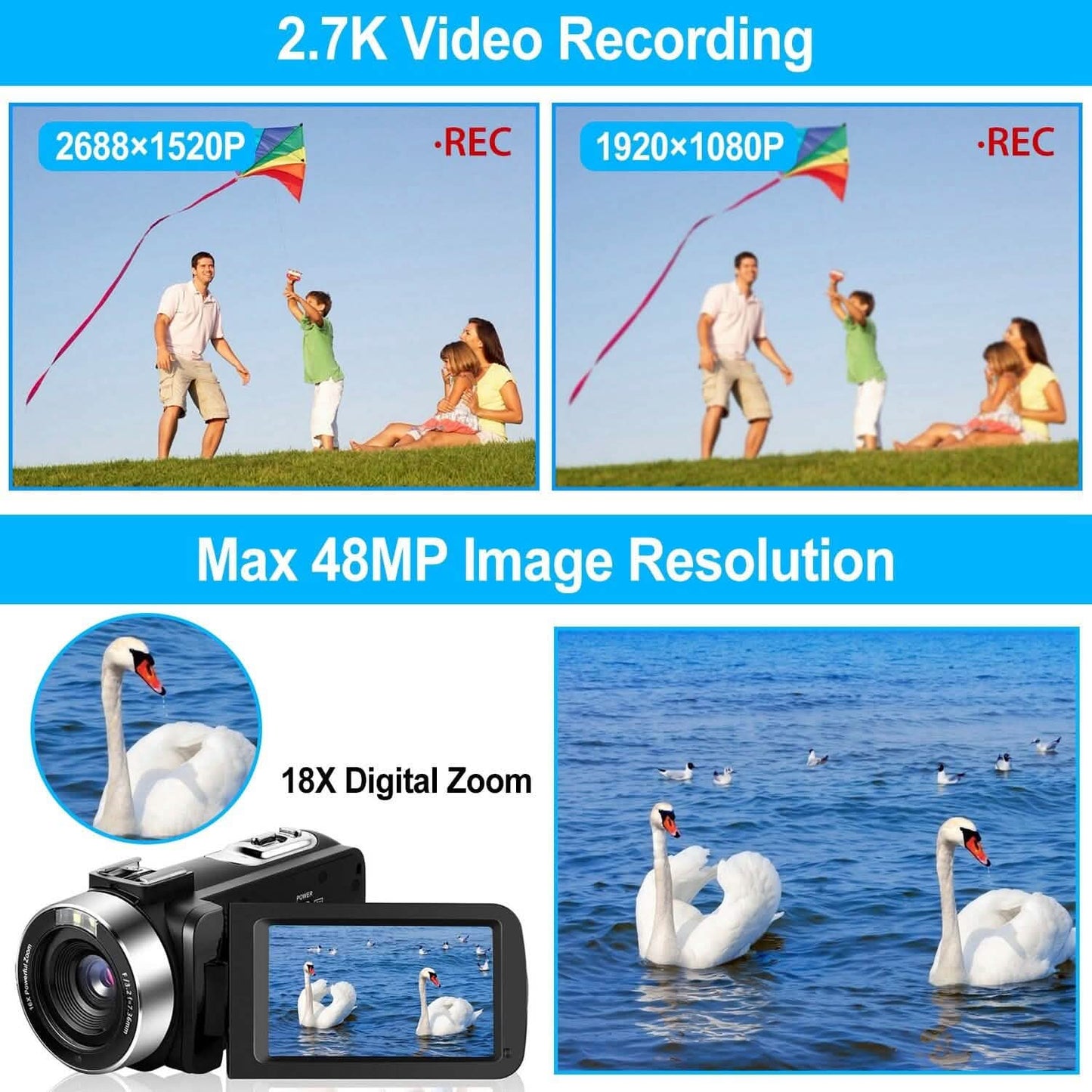 2.7K Camcorder 42MP 18x Zoom Digital Video Camera with 270° Rotating IPS Screen DailySale
