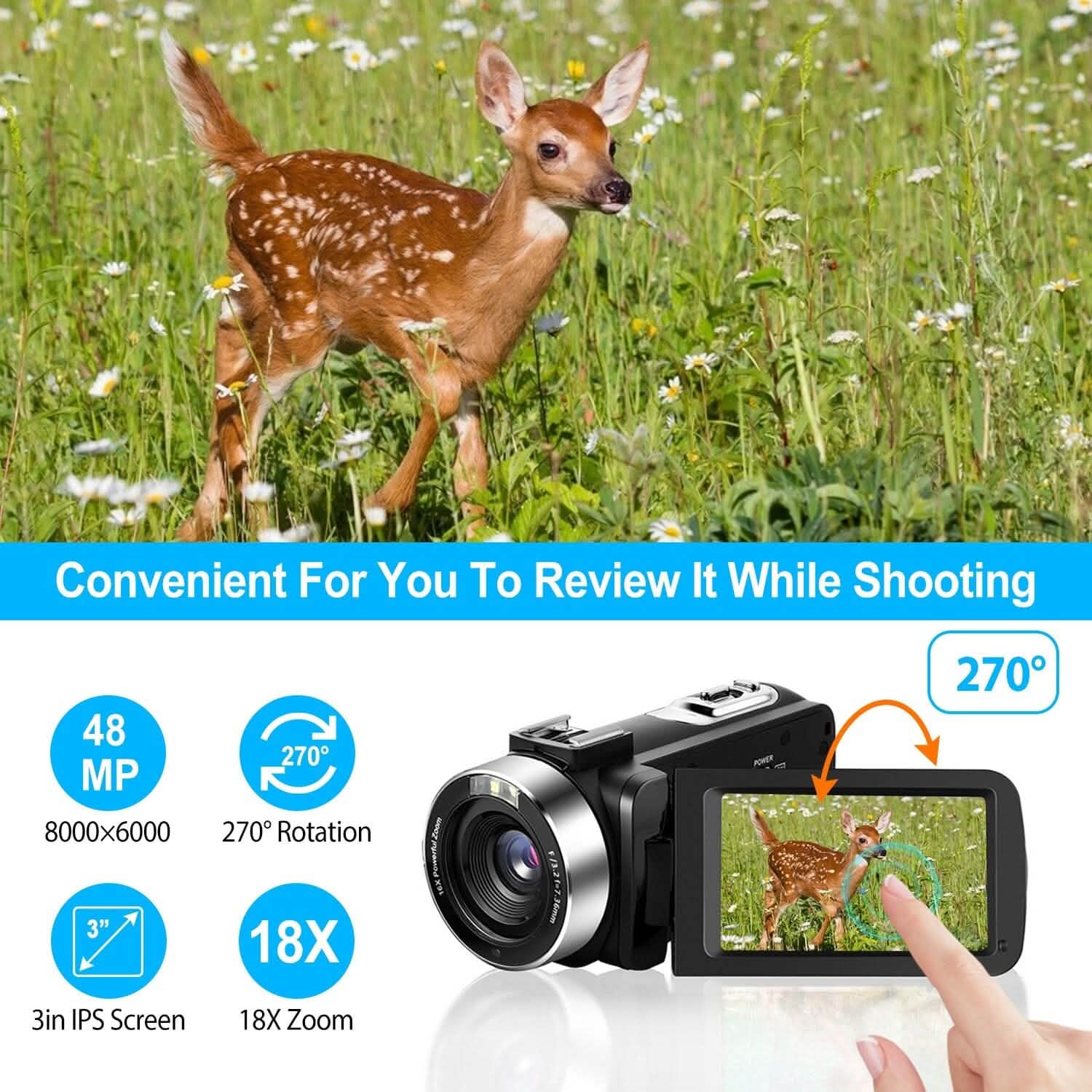 2.7K Camcorder 42MP 18x Zoom Digital Video Camera with 270° Rotating IPS Screen DailySale