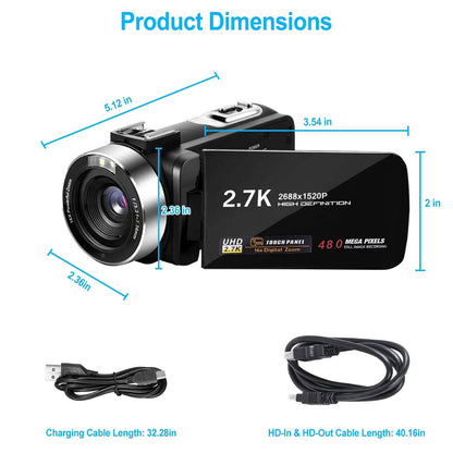 2.7K Camcorder 42MP 18x Zoom Digital Video Camera with 270° Rotating IPS Screen DailySale