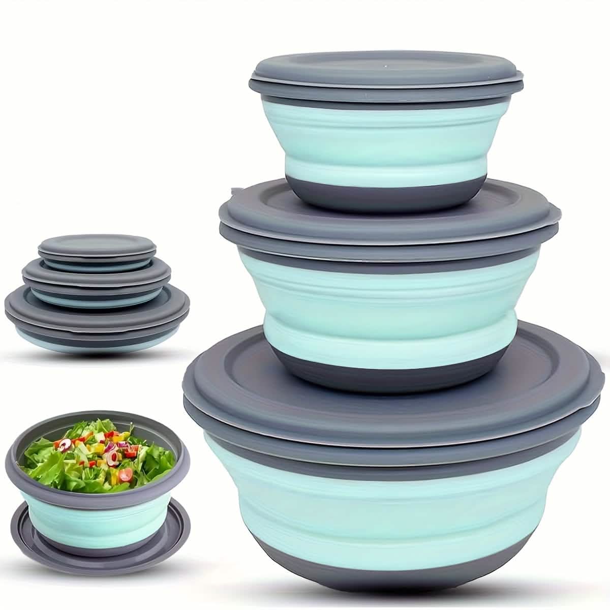 3 Foldable Silicone Camping Bowls with Lids – Blue & Pink DailySale